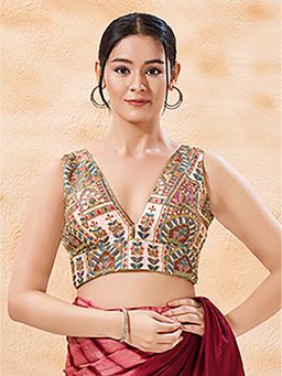 VAMAS - THE DESIGNER BLOUSES - Multi-Color Brocade Sleeveless Padded Back Open Stitched Blouse
