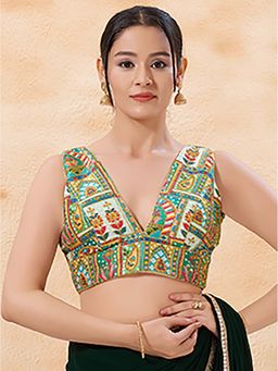 VAMAS - THE DESIGNER BLOUSES - Cobalt Multi-Color Brocade Sleeveless Padded Back Open Stitched Blouse