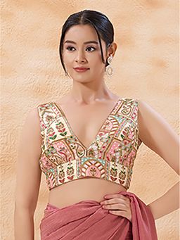 VAMAS - THE DESIGNER BLOUSES - Pink Brocade Sleeveless Padded Back Open Stitched Blouse