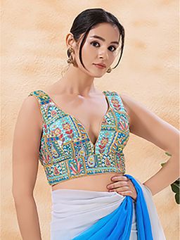 VAMAS - THE DESIGNER BLOUSES - Blue Brocade Sleeveless Padded Back Open Stitched Blouse