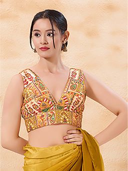 VAMAS - THE DESIGNER BLOUSES - Yellow Brocade Padded Front Open Stitched Blouse