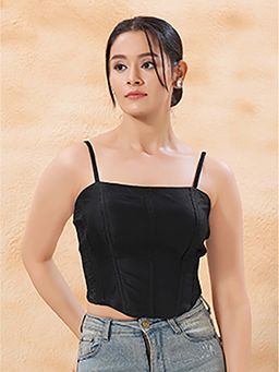 VAMAS - THE DESIGNER BLOUSES - Women's Plain Taffeta Silk Padded Corset Black Stitched Blouse