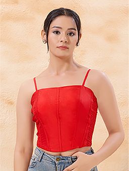 VAMAS - THE DESIGNER BLOUSES - Women's Plain Taffeta Silk Padded Corset Red Stitched Blouse
