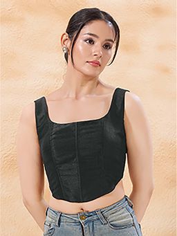 VAMAS - THE DESIGNER BLOUSES - Women's Plain Mulberry Silk Padded Corset Black Stitched Blouse