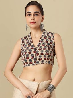 SALWAR STUDIO - Beige Ajrakhh Floral Print Pure Cotton Padded Stitched Blouse
