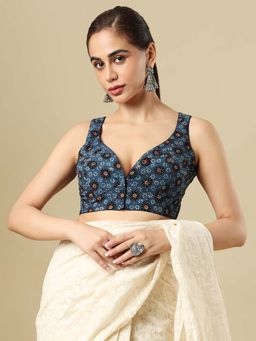 SALWAR STUDIO - Ajrakh Floral Print Cotton Sweetheart Neck Padded Stitched Blouse