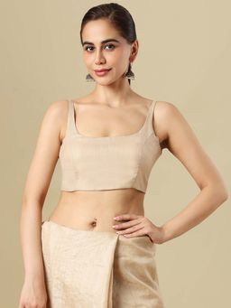 SALWAR STUDIO - Linen Solid Sleeveless Padded Beige Stitched Blouse