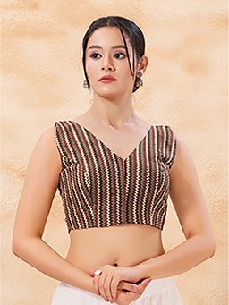 VAMAS - THE DESIGNER BLOUSES - Mulbury Silk Sleeveless Padded Multi-Color Stitched Blouse