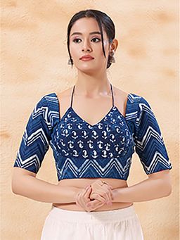 VAMAS - THE DESIGNER BLOUSES - Blue Tissue Half Sleeve Padded Back Open Stitched Blouse