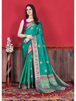 Yavira Silk - Teal Soft Raw Silk Woven Zari Saree with Unstitched Blouse