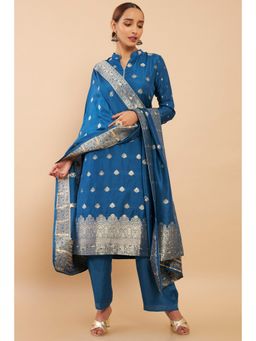 Soch - Blue Silk Unstitched Dress Material With Woven Zari Designs - 3 Meter Kurta Fabric