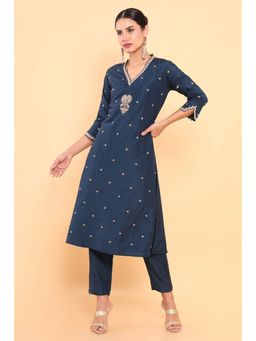 Soch - Women Navy Blue Silk Embroidered Kurta (Set of 2)