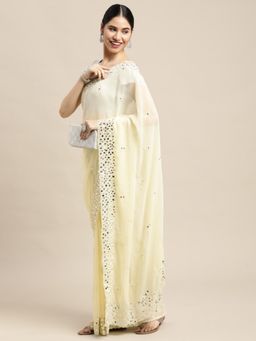 Vastranand - Cream-Coloured Embellished Mirror Work Saree with Unstitched Blouse