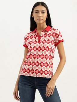 United Colors of Benetton - Women Red Round Neck Printed Polo T-Shirt