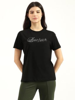 United Colors of Benetton - Women Black Round Neck Embroidered T-Shirt