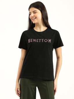 United Colors of Benetton - Women Black Round Neck Embellished/Sequined T-Shirt