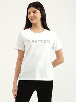 United Colors of Benetton - Women White Round Neck Embellished/Sequined T-Shirt