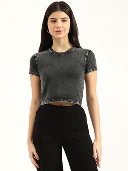 United Colors of Benetton - Women Grey Round Neck Woven Crop Top