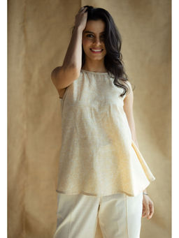 The Indian Ethnic Co. - Cream A-Line Printed Slub Cotton Embroidered Short Top