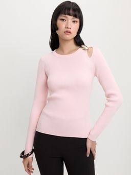 Pomelo - Ribbed Long Sleeve Sweater Top with Shoulder Cut Out and Slit