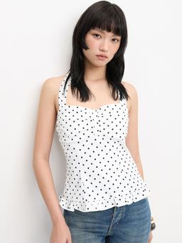 Pomelo - Halter Neck Ruched Peplum Top with Polka Dot Ruffle Hem - White