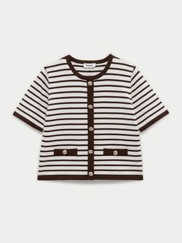 Pomelo - Short Sleeve Striped Knit Cardigan with Faux Pockets and Binding