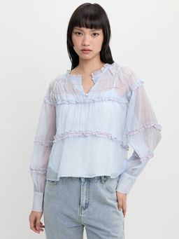 Pomelo - Sheer Chiffon Mock Neck Victorian Ruffle Blouse Top with Button Cuff