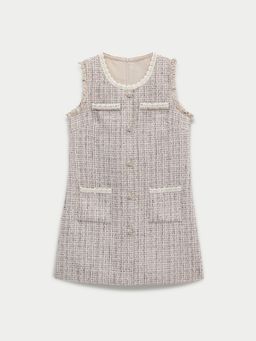 Pomelo - Sleeveless Tweed Mini Shift Dress with Pearl Buttons and Fraying