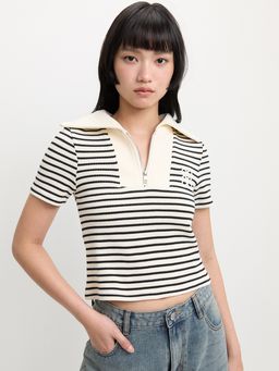 Pomelo - Short Sleeve Half Zip Striped Polo Collar Top