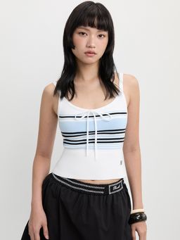Pomelo - Horizontal Striped Sleeveless Cami Top with Front Tie Ribbed Hem