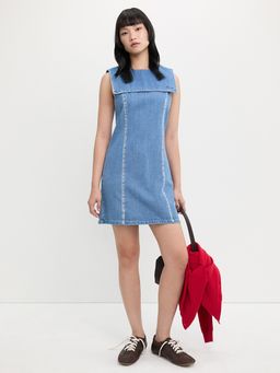 Pomelo - Denim Sleeveless A-Line Mini Dress with Square Sailor Collar