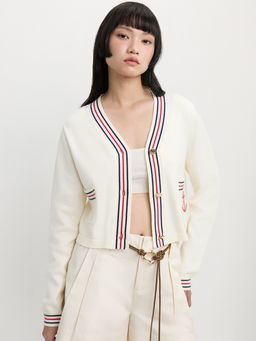 Pomelo - V-Neck Cardigan with Contrast Striped Trim and Anchor Embroidery
