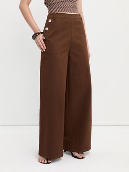 Pomelo - Wide Leg Cotton Twill Pants with Side Button Graphic Pockets