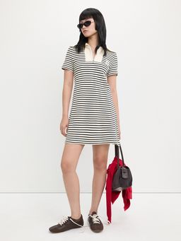Pomelo - Horizontal Striped Mini Dress with Half Zip Sailor Collar Detail