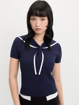 Pomelo - Short Sleeve Cable Knit Top with Sailor Collar Logo Embroidery