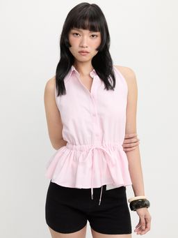 Pomelo - Gingham Plaid Halter Neck Sleeveless Shirt with Peplum Drawstring