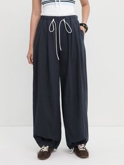 Pomelo - Wide Leg Parachute Pants with Lace Trim and Drawstring Waist