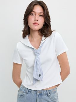 Pomelo - Sailor Collar Ribbed Top with Detachable Tie - White
