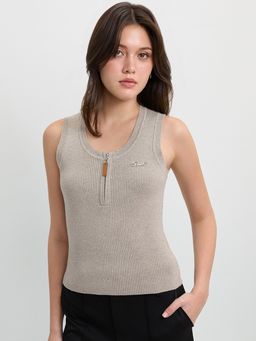 Pomelo - Slim Fit Ribbed Tank with Leather Zip - Taupe