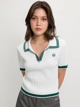 Pomelo - Slim Fit Cable Knit Tipping Polo Top - White