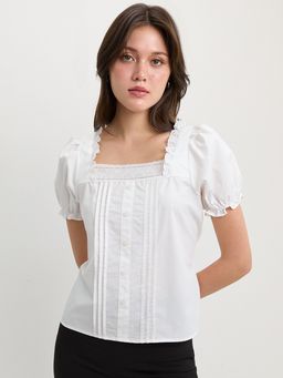 Pomelo - Square Neck Eyelet Lace Puff Sleeve Blouse Top - White