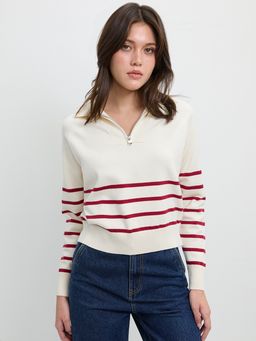 Pomelo - Half-Zip Striped Knit Polo Sweater Top - Ivory
