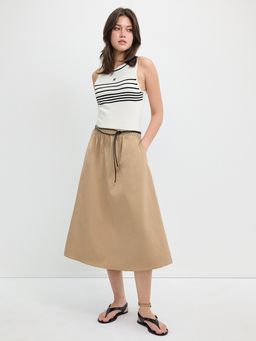 Pomelo - Sleeveless Striped Knit and Poplin Midi Dress - Beige