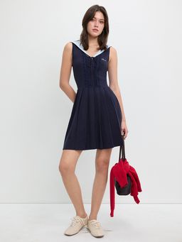 Pomelo - Sleeveless Sailor Collar Pleated Mini Dress - Navy Blue