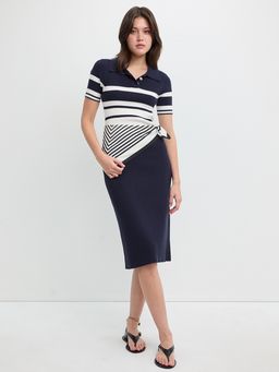 Pomelo - Short Sleeve Polo Collar Striped Dress - Navy Blue