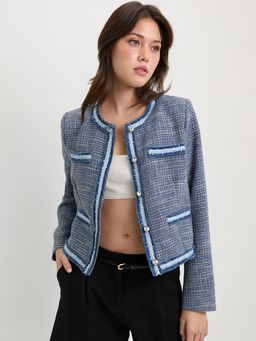 Pomelo - Round Neck Four Pocket Tweed Jacket - Blue
