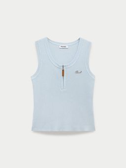Pomelo - Scoop Neck Ribbed Top with Leather Zip - Baby Blue