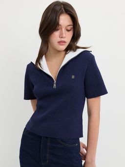 Pomelo - Cropped Ribbed Polo Top with Zip Collar and Logo Embroidery