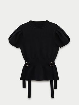 Pomelo - Mock Neck Puff Sleeve Knit Top with Side Buckle Tabs - Black