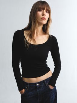 Pomelo - Slim Fit Scoop Neck Ribbed Long Sleeve Top Wide Binding - Black